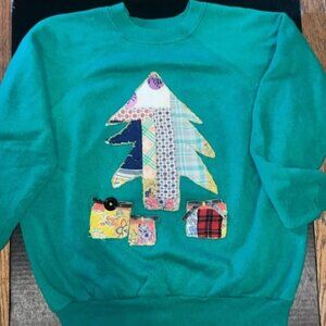 Vintage Upcycled Holiday Patchwork Quilt Christmas Tree Sweatshirt in Green